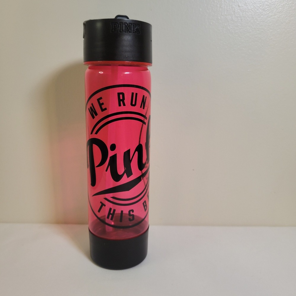 Victorias Secret PINK We Run This Beach Water Bottle Pink Black 24 oz Straw Lid